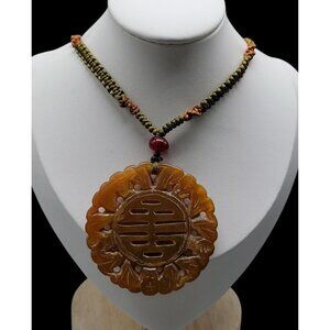 Carved Orange Jade Pendant Necklace Carnelian Bead Accented Braided Silk Thread